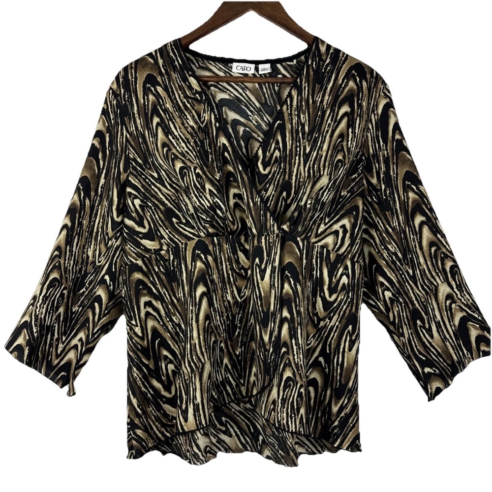 Y2K Blouse Top Shirt Womens XL Brown Black Spiral V-Neck Silky Abstract Gothic